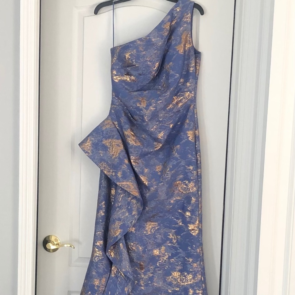 Teri Jon Jacquard One Shoulder SideRuffle Gown